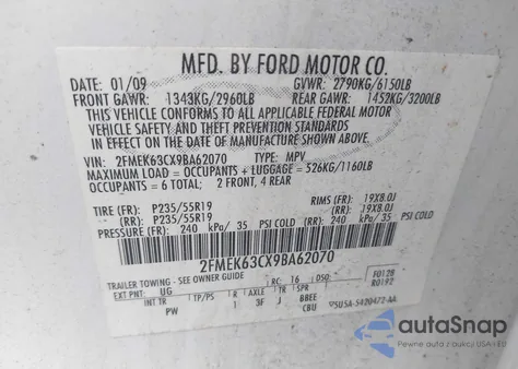 2009 Ford Flex Limited z USA, uszkodzony, nr VIN 2FMEK63CX9BA62070